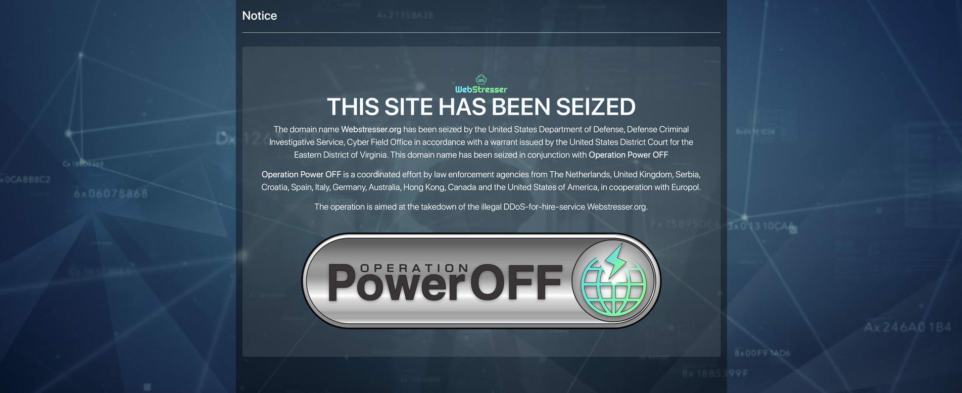 WebStresser.org seized by the United States Department of Defense.