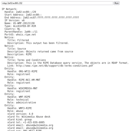 The results of a Whois lookup on the IP address of the Web servers that