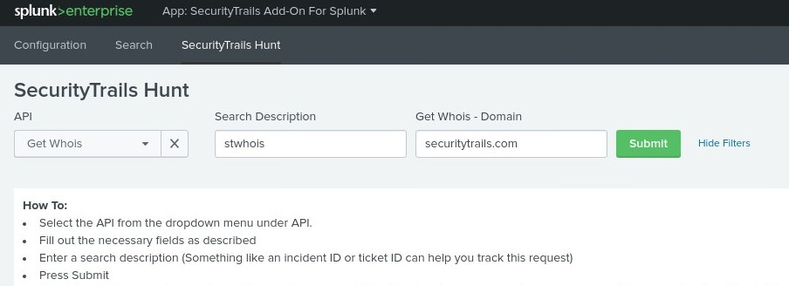 Splunk SecurityTrails hunt Get WHOIS