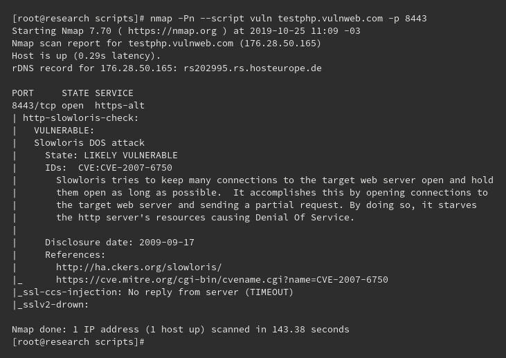 Nmap vulnerability scan example using the Vuln script category