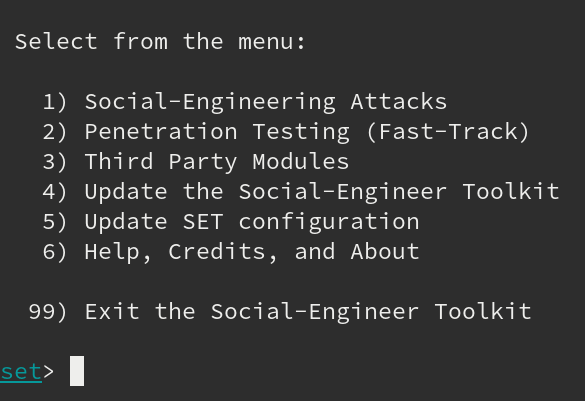 Social Engineering Toolkit - most common options